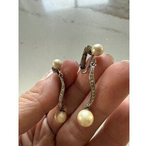 Vintage Elegant Rhinestone Pearl Clip Back Hinged Earrings Dangle Bridal